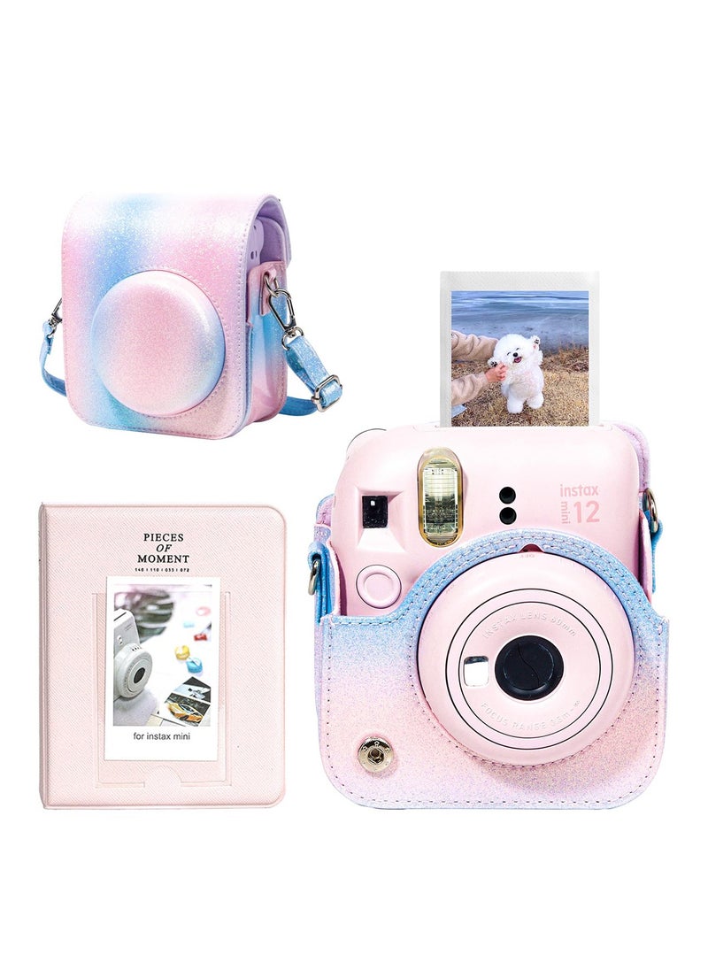 Case for Fujifilm Instax Mini 12 Camera Protective PU Leather Bag Cover with Adjustable Shoulder Strap and Mini Photo Album 64 Pockets (Bluish pink)