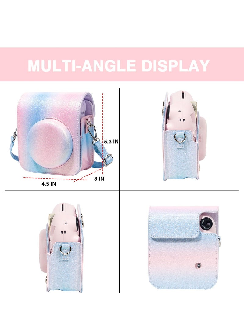 Case for Fujifilm Instax Mini 12 Camera Protective PU Leather Bag Cover with Adjustable Shoulder Strap and Mini Photo Album 64 Pockets (Bluish pink)