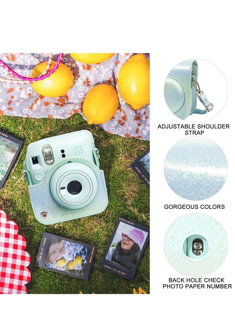 Fujifilm Instax Mini 12 Camera PU Leather Protective Case with Adjustable Shoulder Strap and 64-Pocket Mini Photo Album (Bluish Green)