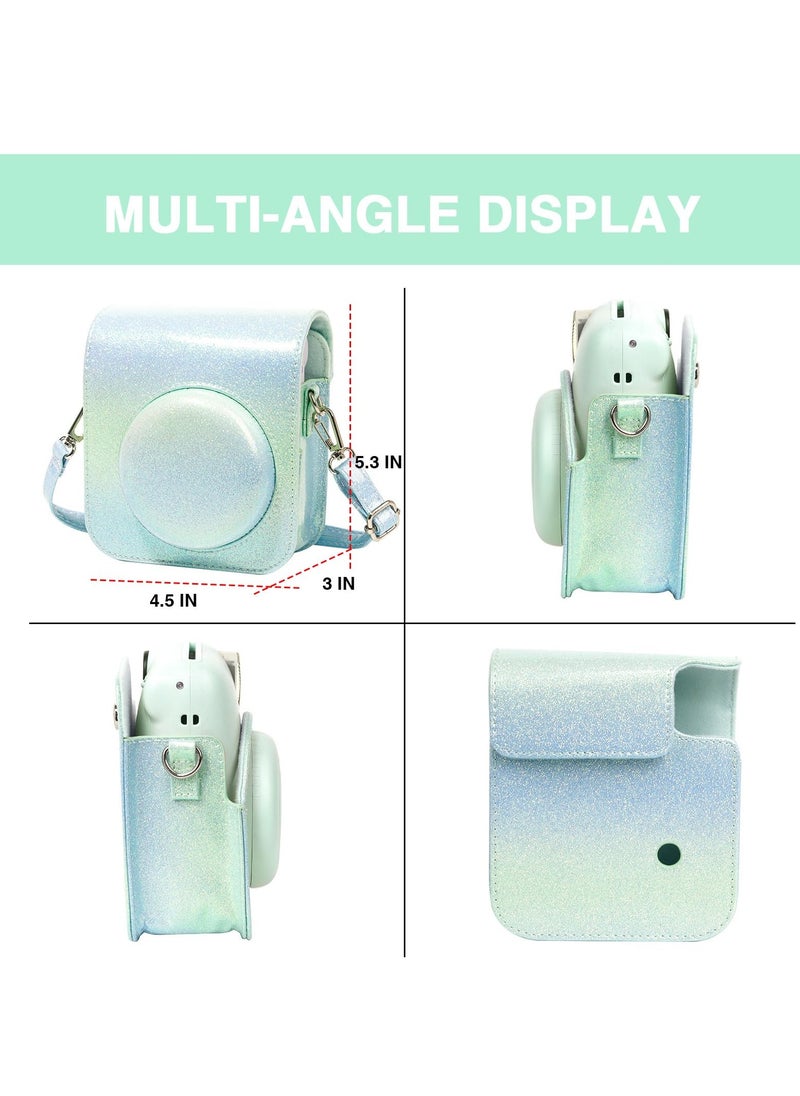 Fujifilm Instax Mini 12 Camera PU Leather Protective Case with Adjustable Shoulder Strap and 64-Pocket Mini Photo Album (Bluish Green)