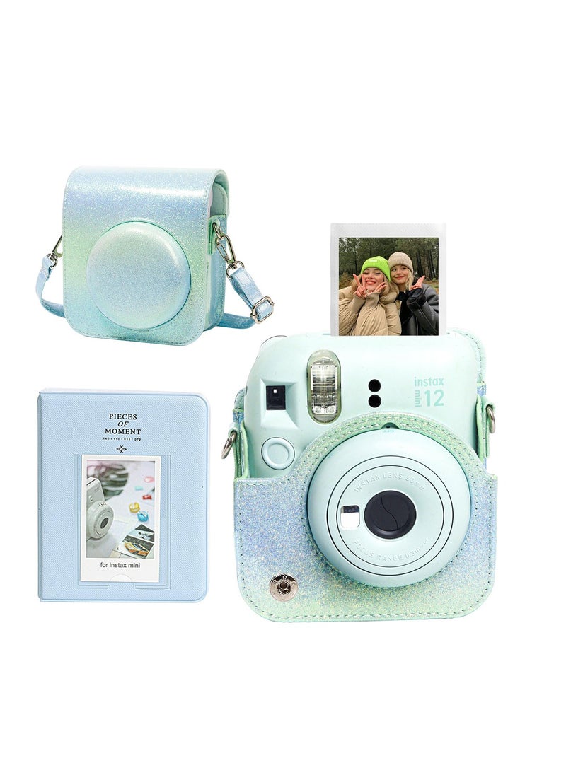 Fujifilm Instax Mini 12 Camera PU Leather Protective Case with Adjustable Shoulder Strap and 64-Pocket Mini Photo Album (Bluish Green)