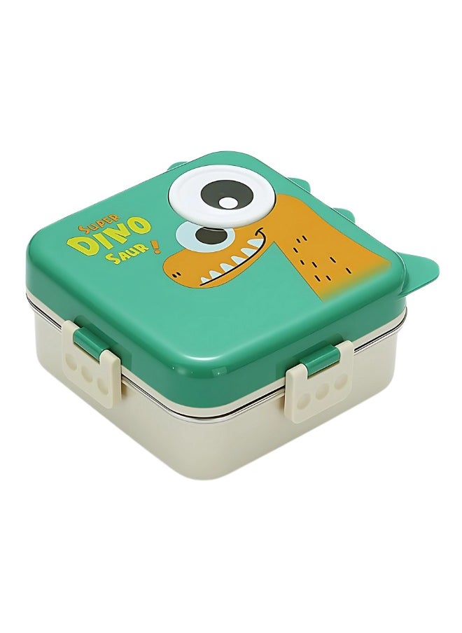 Twisoo Super Dinosaur Steel Lunch Box - 1120ml, Double Decker, 3 Compartments, BPA-Free, Leakproof with Soup Bowl & Spoon, Spill-Free, ( Green )