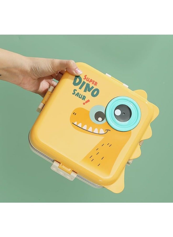 Twisoo Super Dinosaur Steel Lunch Box - 1120ml, Double Decker, 3 Compartments, BPA-Free, Leakproof with Soup Bowl & Spoon, Spill-Free, ( Yellow )