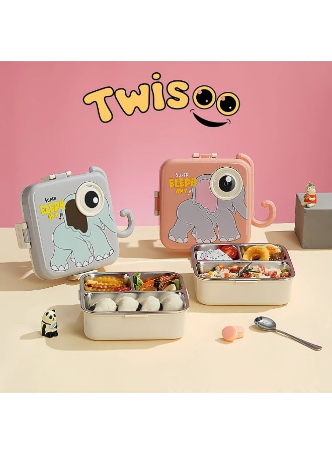 Twisoo Super Elephant Eye Steel Lunch Box - 1120ml, Double Decker, SUS 304 Stainless Steel, 3 Compartments, BPA-Free, Leakproof with Soup Bowl & Spoon ( Pink)