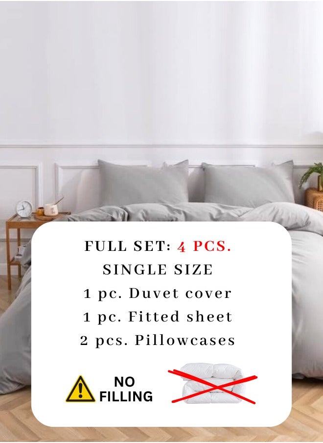 Single Size 4-Piece Premium Quality Bedding Set in Solid Grey, No Filler Included.