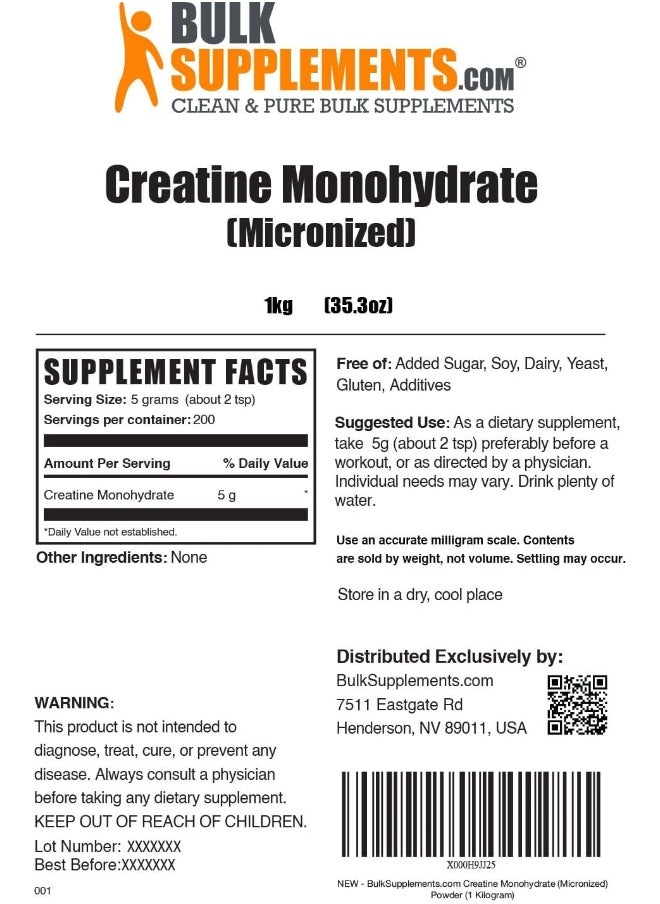 Bulksupplements.Com Creatine Monohydrate Powder   Creatine Supplement, Micronized Creatine 1Kg, Creatine Powder   Unflavored & Gluten Free, 5G (5000Mg) Per Servings, 1Kg (2.2 Lbs) (Pack of1)