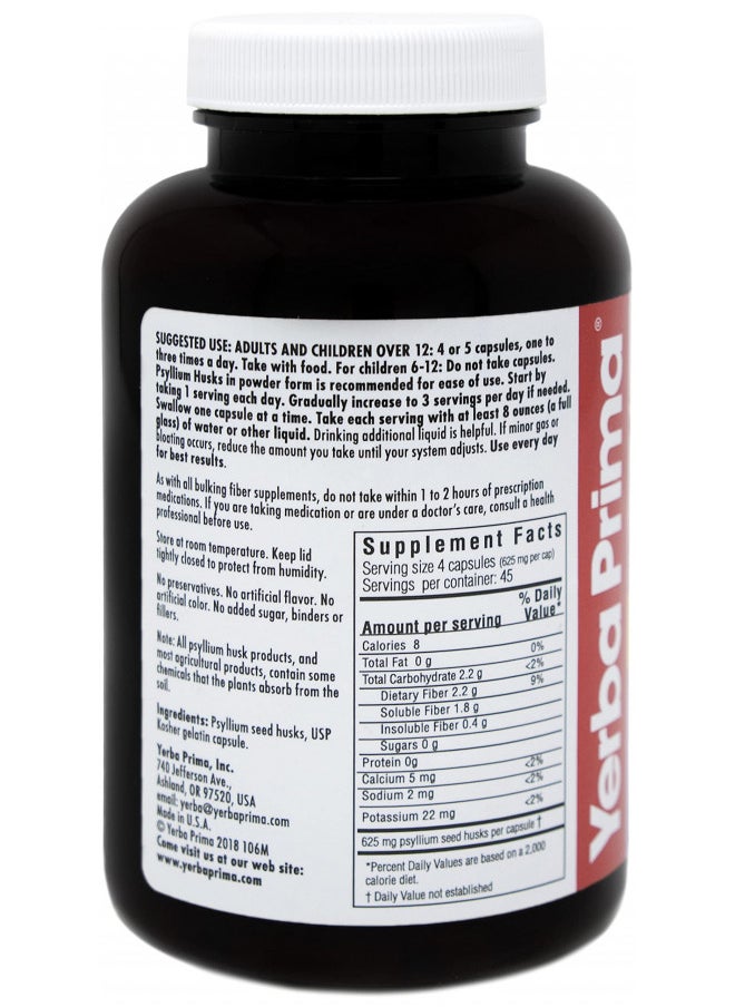 Yerba Prima Psyllium Husks Caps Dietary Fiber 625 Mg, 180 Capsules   Colon Cleansing Supplement   Gut Health   Non Gmo Gluten Free