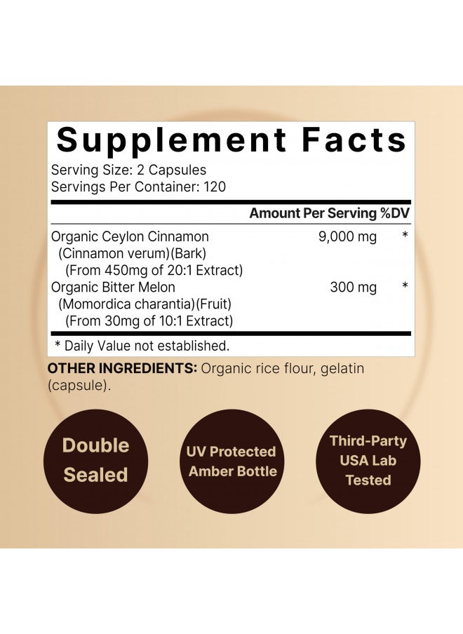 Naturebell 2 Pack Ceylon Cinnamon 9000Mg Per Serving, 480 Capsules | Made With Organic Sri Lanka Ceylon Cinnamon Plus Organic Bitter Melon Non Gmo, No Gluten