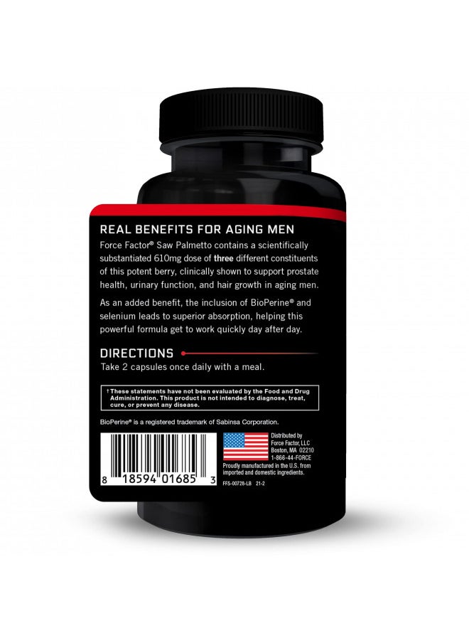 Force Factor Saw Palmetto For Men, Prostate Supplement For Men To Support Urinary Function, Prostate Relief & Hair Growth, With Bioperine For Superior Absorption, 60 Capsules