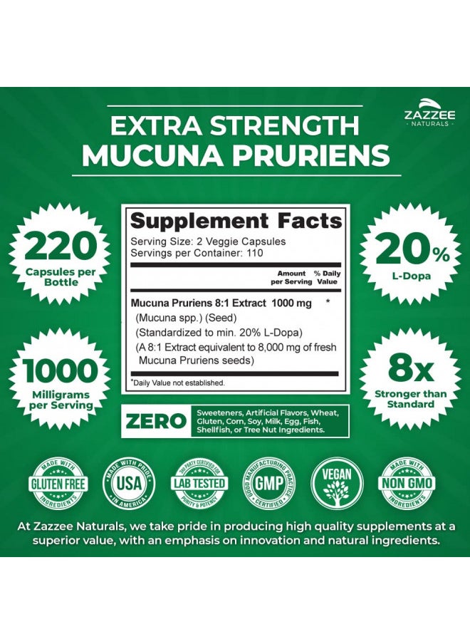 Zazzee Extra Strength Mucuna Pruriens 8:1 Extract, Minimum 20% L Dopa, 1000 Mg, 220 Vegan Capsules, 110 Day Supply, Con Centrumrated and Standardized 8X Extract, 100% Vegetarian, All Natural and Non Gmo