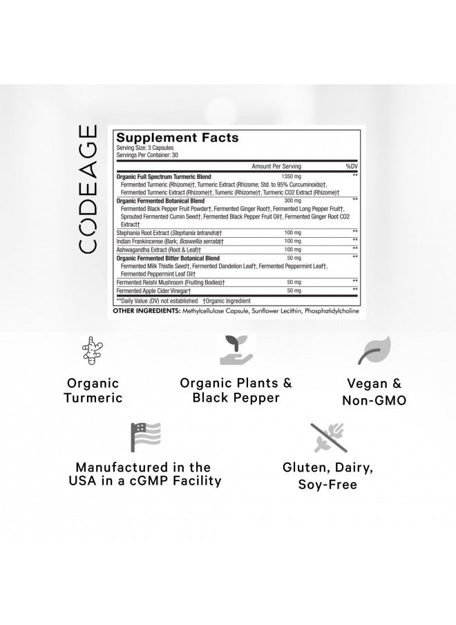 Codeage Organic Turmeric Supplement   95% Curcumin Extract Pills   Liposomal Fermented Botanical Blend Black Pepper, Ashwagandha, Ginger, Stephania, Boswelia, Cumin, Digestive Bitters   90 Capsules