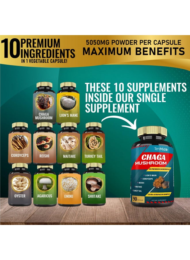 Chaga Mushroom Extract Capsules Equivalent To 5050Mg & Lions Mane, Cordyceps and More | Digestive Health, Anti Aging, Immune Support | Energy Boost, Rich In Antioxidants & Nutrients, 3 Months Supply