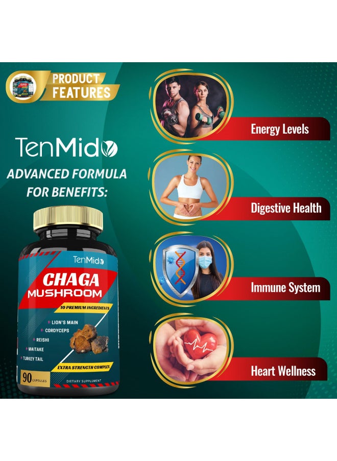 Chaga Mushroom Extract Capsules Equivalent To 5050Mg & Lions Mane, Cordyceps and More | Digestive Health, Anti Aging, Immune Support | Energy Boost, Rich In Antioxidants & Nutrients, 3 Months Supply