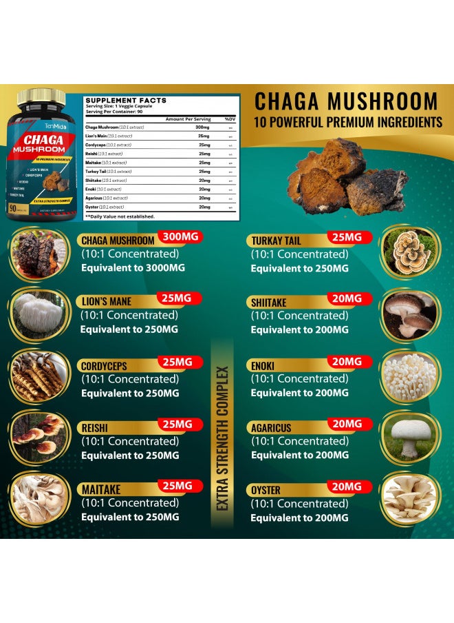 Chaga Mushroom Extract Capsules Equivalent To 5050Mg & Lions Mane, Cordyceps and More | Digestive Health, Anti Aging, Immune Support | Energy Boost, Rich In Antioxidants & Nutrients, 3 Months Supply