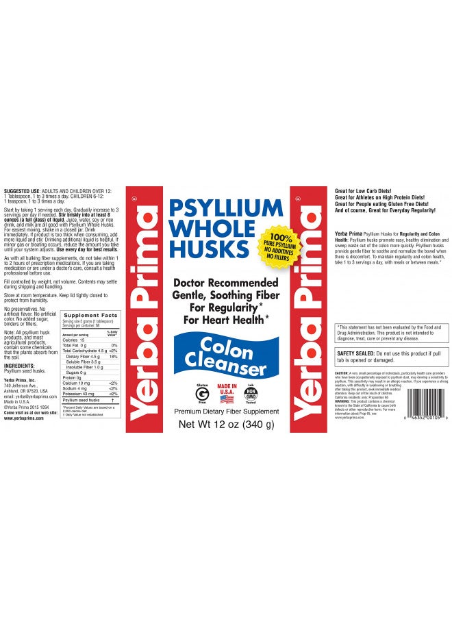 Yerba Prima Psyllium Husk, 12 Ounce (Pack of2)   Colon Cleanser Fiber Supplement   Natural Support For Gut Health   Non Gmo, Gluten Free, Vegan