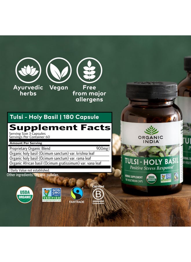 Organic India Tulsi Holy Basil Capsules   Holy Basil Extract   Holy Basil Leaf Supplement, Herbal Supplement, Immune Support, Stress Relief, Vegan, Gluten Free, Kosher, Organic, Non Gmo   180 Capsules