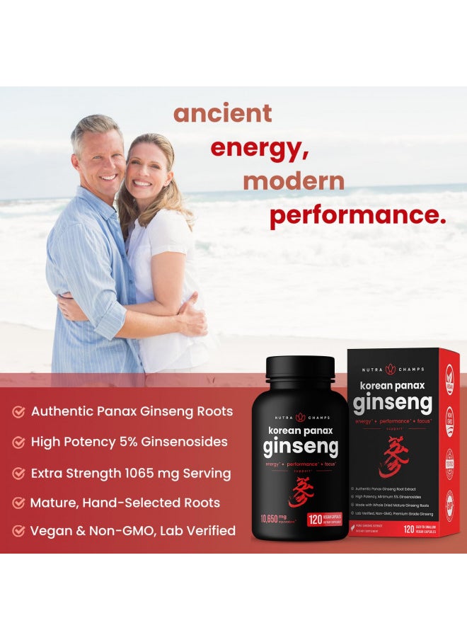 Nutrachamps Korean Red Panax Ginseng Capsules | Extra Strength Ginsenosides For Energy, Focus, Performance, Vitality & Immune Support | Korean Red Ginseng Root Extract Powder Supplement | Vegan Pills