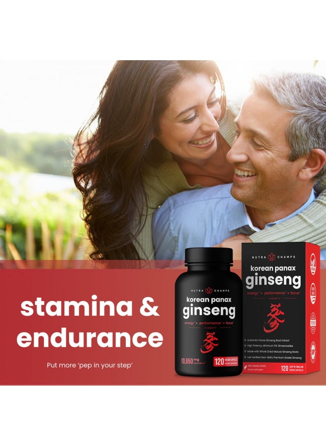 Nutrachamps Korean Red Panax Ginseng Capsules | Extra Strength Ginsenosides For Energy, Focus, Performance, Vitality & Immune Support | Korean Red Ginseng Root Extract Powder Supplement | Vegan Pills