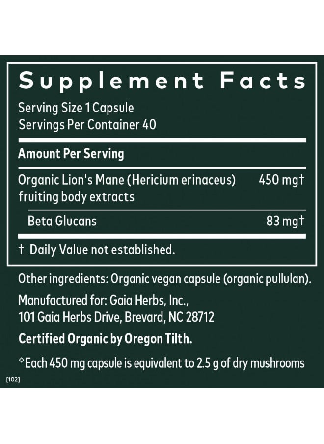 Gaia Herbs, Lions Mane Mushroom, 40 Count