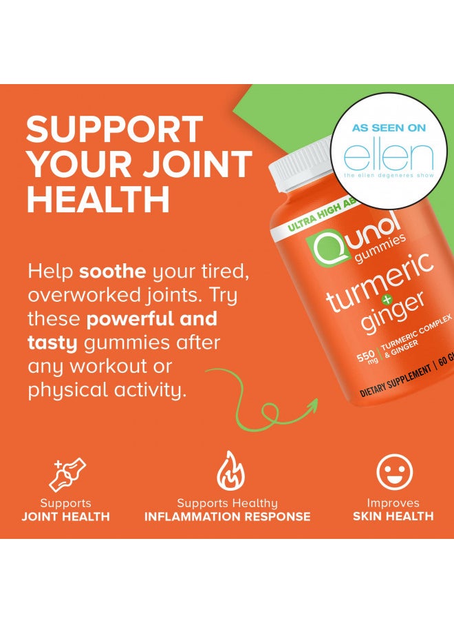 Qunol Turmeric and Ginger Gummies, Gummy With 500Mg Turmeric + 50Mg Ginger, Joint Support Supplement, Ultra High Absorption Tumeric and Ginger, Vegan, Gluten Free, 1 Month Supply 60Ct Gummies