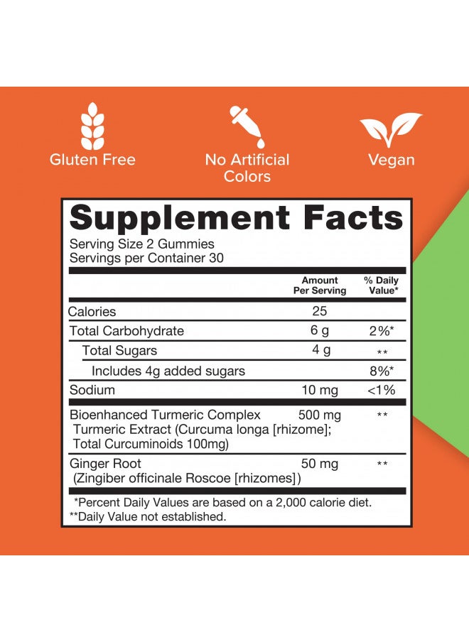 Qunol Turmeric and Ginger Gummies, Gummy With 500Mg Turmeric + 50Mg Ginger, Joint Support Supplement, Ultra High Absorption Tumeric and Ginger, Vegan, Gluten Free, 1 Month Supply 60Ct Gummies