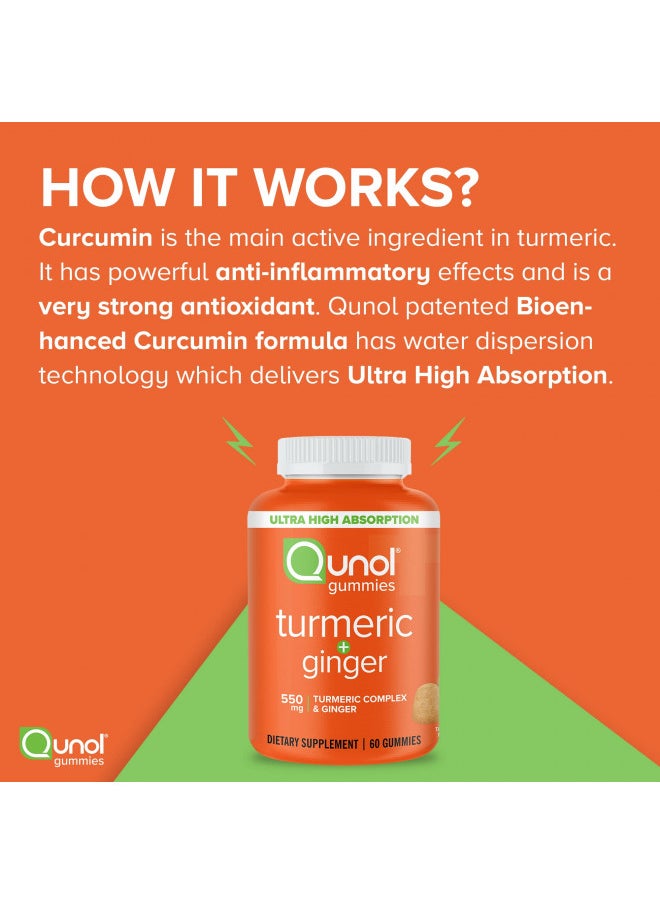 Qunol Turmeric and Ginger Gummies, Gummy With 500Mg Turmeric + 50Mg Ginger, Joint Support Supplement, Ultra High Absorption Tumeric and Ginger, Vegan, Gluten Free, 1 Month Supply 60Ct Gummies