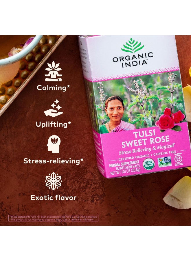 Organic India Tulsi Sweet Rose Herbal Tea   Holy Basil Leaf, African Basil, Chamomilie, Lemon Myrtle, Stress Relieving, Immune Support, Usda Certified Organic, Caffeine Free   18 Infusion Bags, 1 Pack