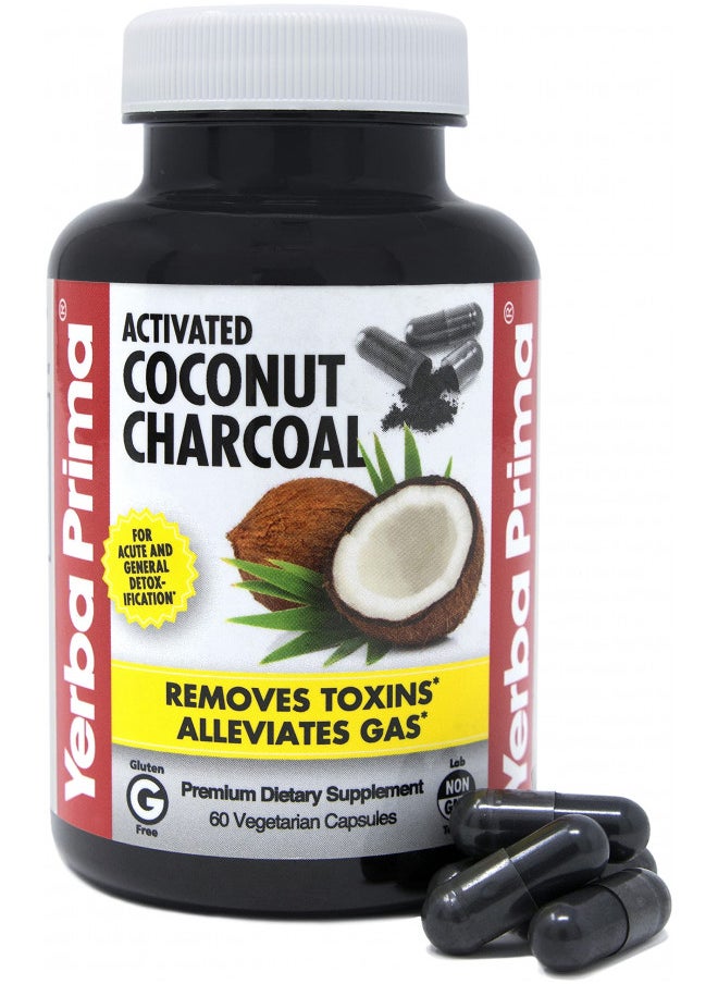 Yerba Prima Activated Coconut Charcoal, 60 Capsules   Natural Detox   Vegetarian, Vegan, Gluten Free, Non Gmo