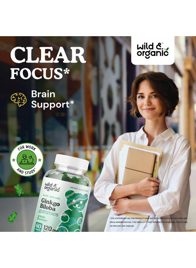Wild & Organic Gingko Biloba 120Mg Gummies   Focus Supplement W/Ginkgo Biloba   Ginkgo Biloba Extract For Brain Health Support   Ginkgo Biloba Supplements   60 Pectin Based Ginkgo Biloba Gummies