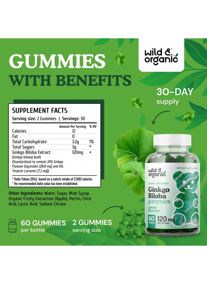 Wild & Organic Gingko Biloba 120Mg Gummies   Focus Supplement W/Ginkgo Biloba   Ginkgo Biloba Extract For Brain Health Support   Ginkgo Biloba Supplements   60 Pectin Based Ginkgo Biloba Gummies