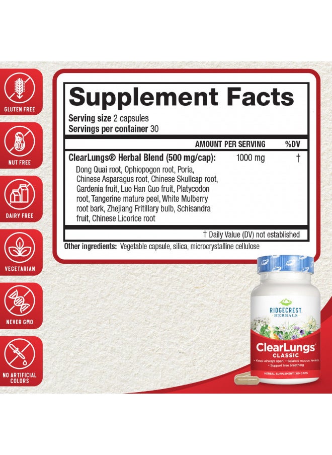 Ridgecrest Herbals Clearlungs Cl ic, Natural Lung and Nasal Daily Health Supplement For Bronchial, Respiratory, Immune, Sinus, and Mucus Wellness Support, Herbal Formula (60 Caps, 30 Serv)