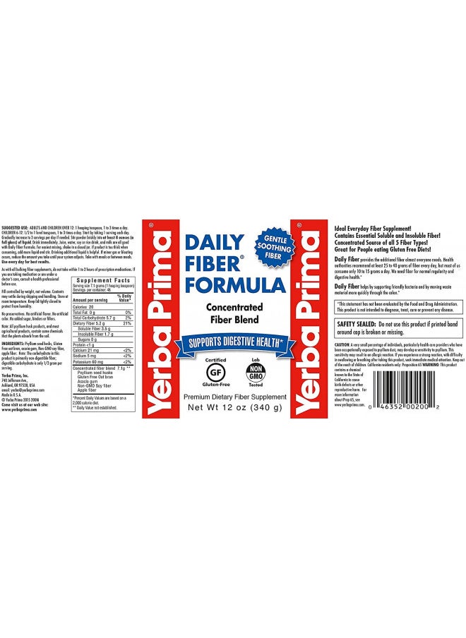 Yerba Prima Daily Fiber Formula Powder   12 Oz   Digestive Support Supplement   Soluble & Insoluble Dietary Fiber Supplement   Vegan, Non Gmo, Gluten Free