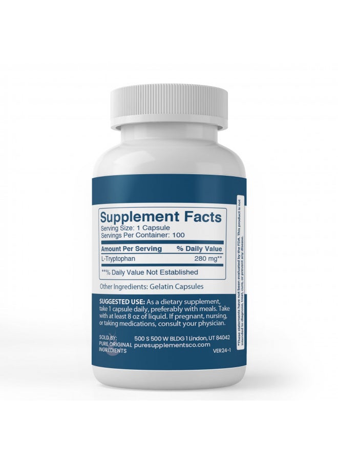 Pure Original Ingredients L Tryptophan, (100 Capsules) Always Pure, No Additives Or Fillers, Lab Verified