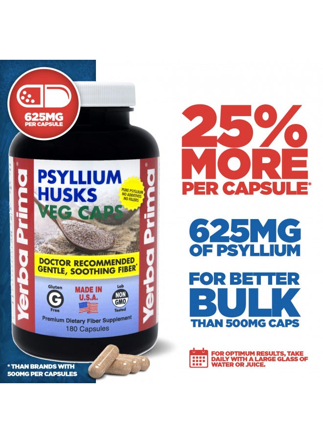 Yerba Prima Psyllium Husks, 180 Veg Capsules (625Mg)   Vegan, Non Gmo, Gluten Free, Colon Cleanser, Daily Fiber Supplement For Gut Health & Regularity