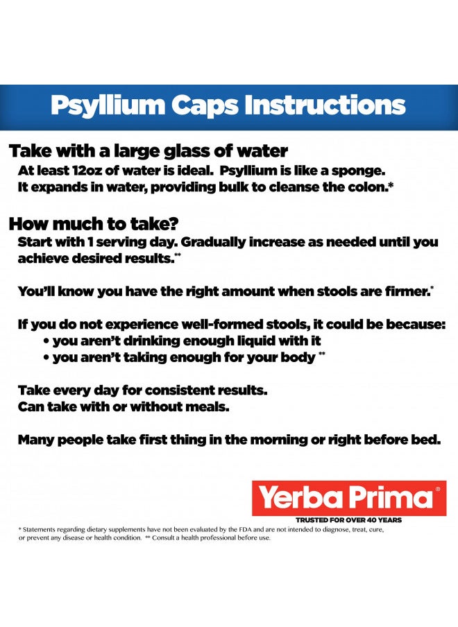 Yerba Prima Psyllium Husks, 180 Veg Capsules (625Mg)   Vegan, Non Gmo, Gluten Free, Colon Cleanser, Daily Fiber Supplement For Gut Health & Regularity