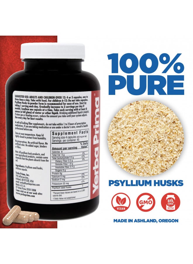 Yerba Prima Psyllium Husks, 180 Veg Capsules (625Mg)   Vegan, Non Gmo, Gluten Free, Colon Cleanser, Daily Fiber Supplement For Gut Health & Regularity