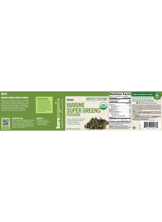 Bareorganics Marine Super Greens Powder | Usda Organic, Gluten Free, Vegan, Non Gmo, Bpa Free | Kelp, Chlorella, Spirulina, 8Oz