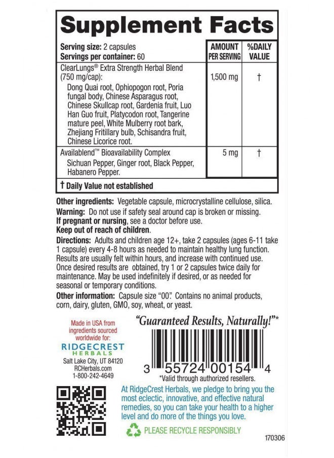 Ridgecrest Clearlungs Extra Strength, Homeo/Herbal Decongestant , 120 Veg Capsules