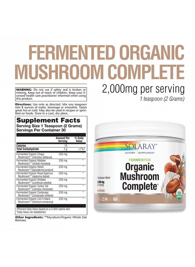 Solaray Fermented Organic Mushroom Complete, Powder | Healthy Immune Function Support | 2,000 Mg Per Serv. | 60G, 30 Serv