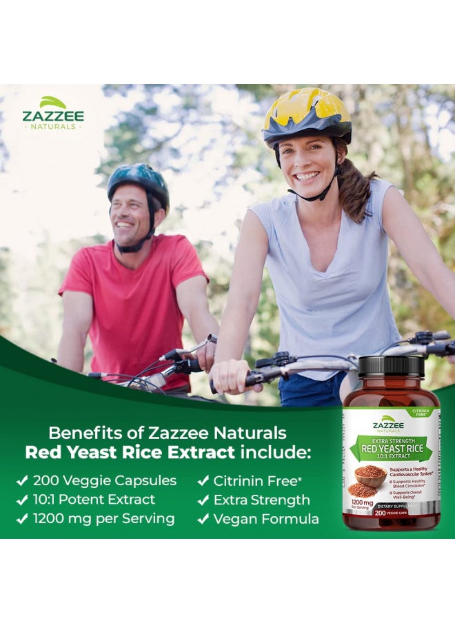 Zazzee Extra Strength Red Yeast Rice 10:1 Extract, 1200 Mg, Citrinin Free, 200 Vegan Capsules, Over 3 Month Supply, Con Centrumrated and Standardized 10X Extract, 100% Vegetarian, All Natural and Non Gmo