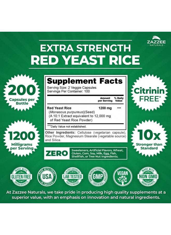 Zazzee Extra Strength Red Yeast Rice 10:1 Extract, 1200 Mg, Citrinin Free, 200 Vegan Capsules, Over 3 Month Supply, Con Centrumrated and Standardized 10X Extract, 100% Vegetarian, All Natural and Non Gmo