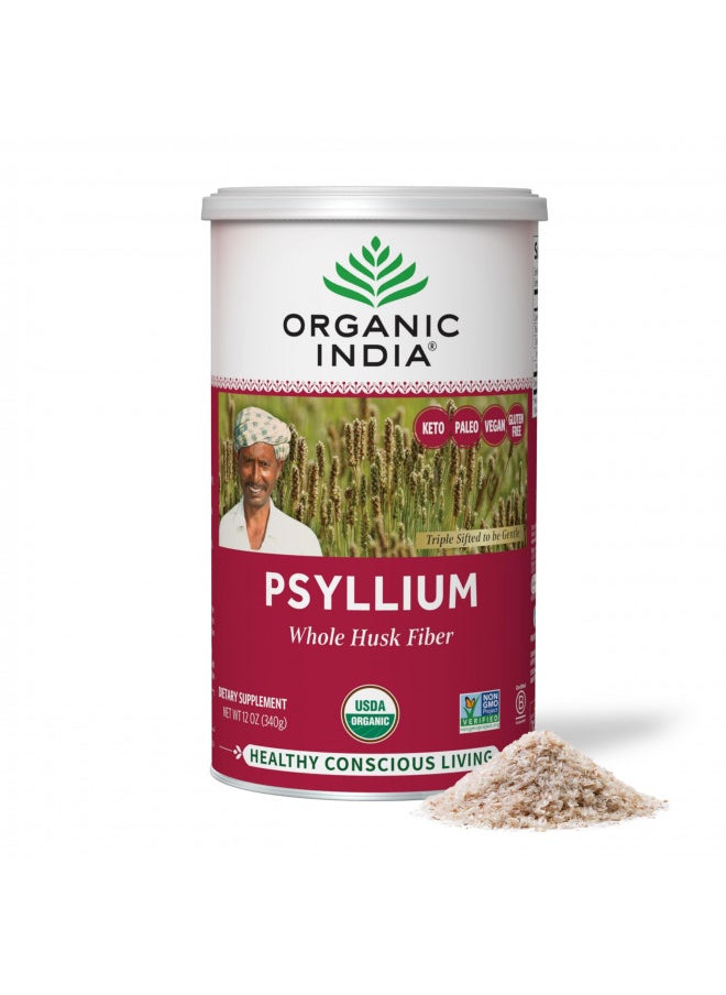 Organic India Whole Psyllium Husk Powder Organic   Psyllium Husk Fiber Supplement, Digestion Support, Vegan, Gluten Free, Non Gmo, Soluble & Insoluble Fiber Source   12 Oz (Pack of1)