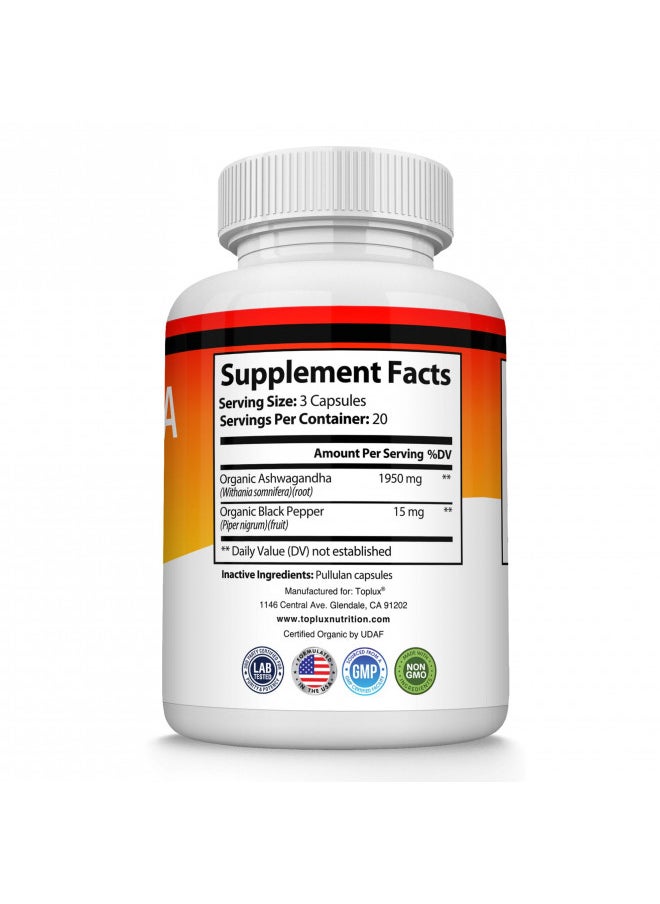 Organic Ashwagandha Root Powder Pills 1950 Mg With Black Pepper Extract   Pure Natural Ashwagandha Supplement, Support Energy, For Men Women, 60 Capsules