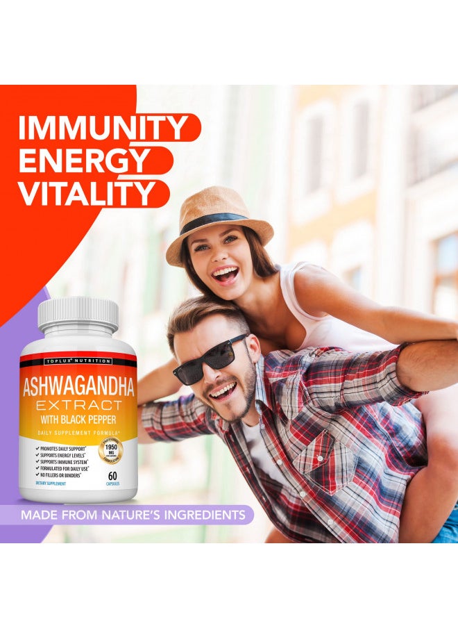 Organic Ashwagandha Root Powder Pills 1950 Mg With Black Pepper Extract   Pure Natural Ashwagandha Supplement, Support Energy, For Men Women, 60 Capsules