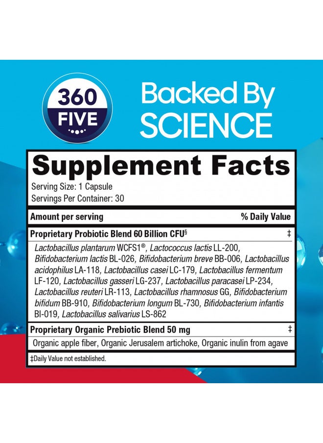 Extra Strength Probiotic For Digestive Health and Immune Support, 60 Billion Cfu & 15 Strains, Gut Health Probiotics For Men and Women Supports Occasional Constipation, Diarrhea, Gas & Bloating, 30Ct