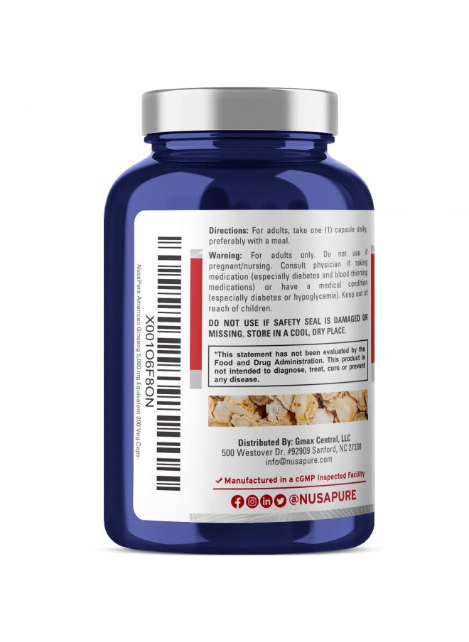 Nusapure American Ginseng 5000 Mg   200 Veggie Capsules (Vegetarian, Non Gmo, Vegan)