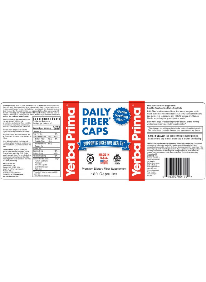 Yerba Prima Daily Fiber Capsules 180 Caps (Pack of3)   Soluble Dietary Fiber Supplement   Colon Cleanse   Gut Health   Constipation Relief Vegan, Non Gmo, Gluten Free