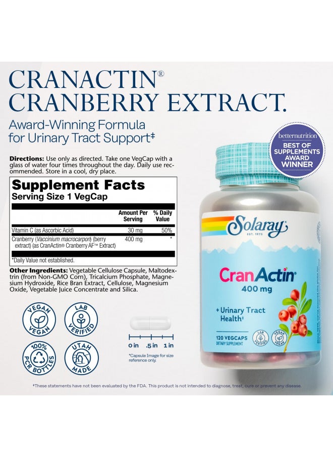 Solaray Cranactin Cranberry Extract 400 Mg   Cranberry Supplements For Women and Men   Bladder and Urinary Tract Health Support With Vitamin C   Vegan, 60 Day Guarantee, 120 Servings, 120 Vegcaps