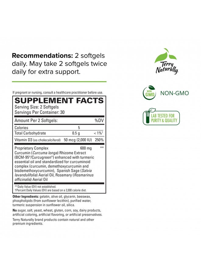 Terry Naturally Curamed Brain   60 Softgels   With Bcm 95 Curcumin, Vitamin D3, Rosemary & Sage   Non Gmo, Gluten Free   30 Servings