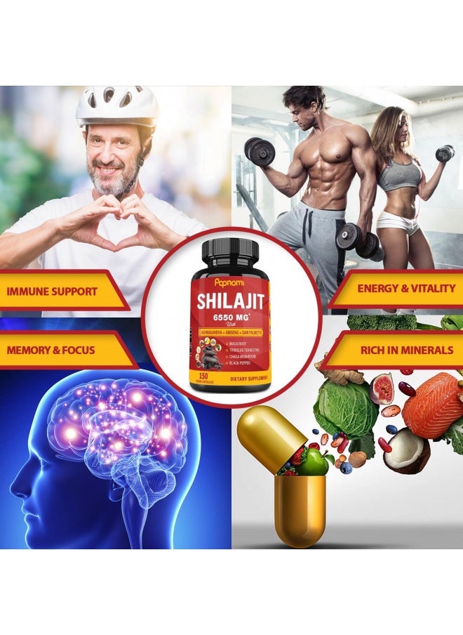 Papnami Shilajit Himalayan Supplement 6550Mg For Men & Women   150 Capsules Combined Ashwagandha, Ginseng, Saw Palmetto, Maca, Tribulus, Chaga & Black Pepper   Vitality Energy and Immune Supports